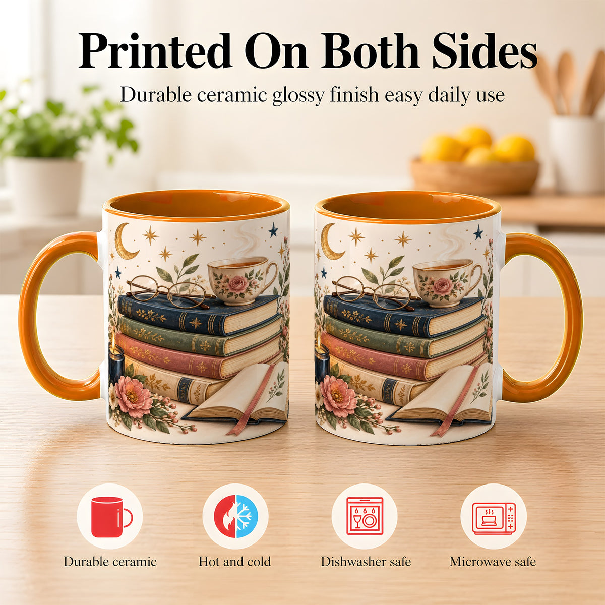 #pl[11oz|Orange] Vintage Book Lover Coffee Mug, Botanical Reading Mug, Ceramic Cup