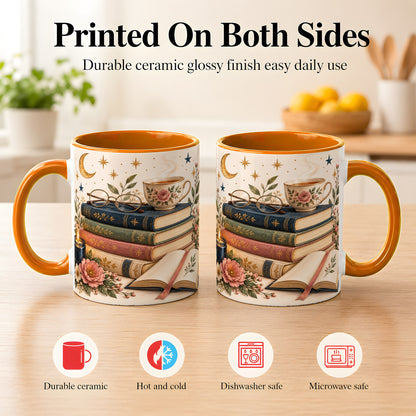 #pl[11oz|Orange] Vintage Book Lover Coffee Mug, Botanical Reading Mug, Ceramic Cup