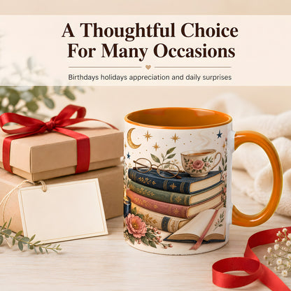#pl[11oz|Orange] Vintage Book Lover Coffee Mug, Botanical Reading Mug, Ceramic Cup