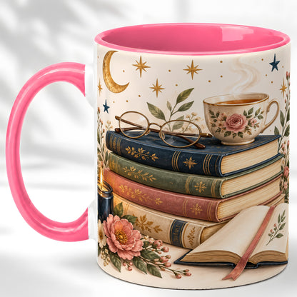 #pl[11oz|Pink] Vintage Book Lover Coffee Mug, Botanical Reading Mug, Ceramic Cup