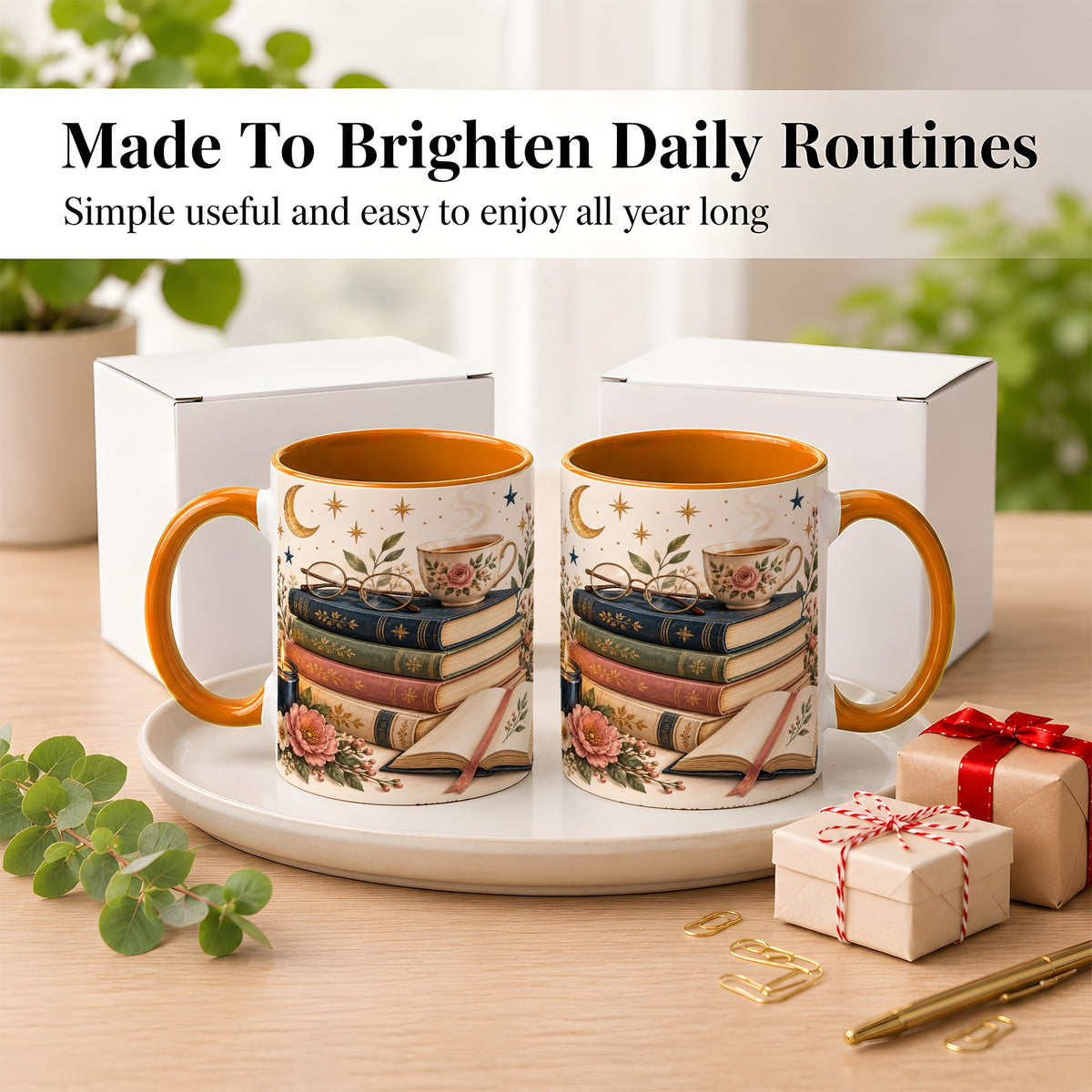 #pl[11oz|Orange] Vintage Book Lover Coffee Mug, Botanical Reading Mug, Ceramic Cup