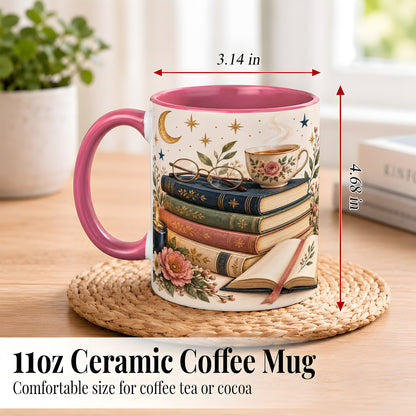 #pl[11oz|Pink] Vintage Book Lover Coffee Mug, Botanical Reading Mug, Ceramic Cup