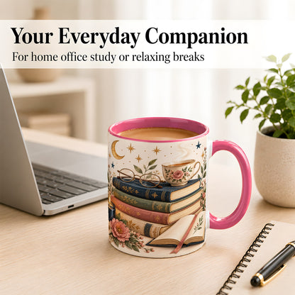 #pl[11oz|Pink] Vintage Book Lover Coffee Mug, Botanical Reading Mug, Ceramic Cup