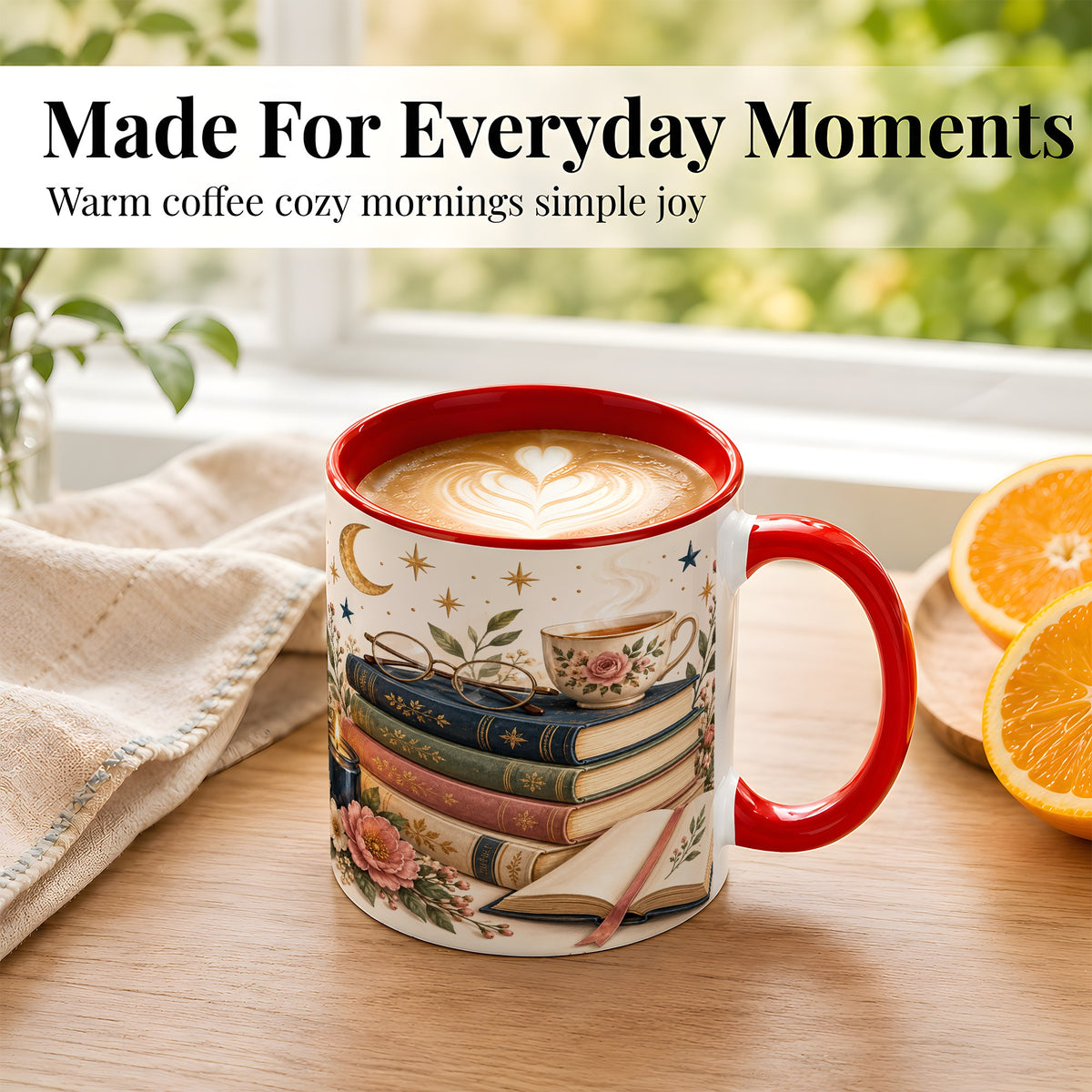 #pl[11oz|Red] Vintage Book Lover Coffee Mug, Botanical Reading Mug, Ceramic Cup