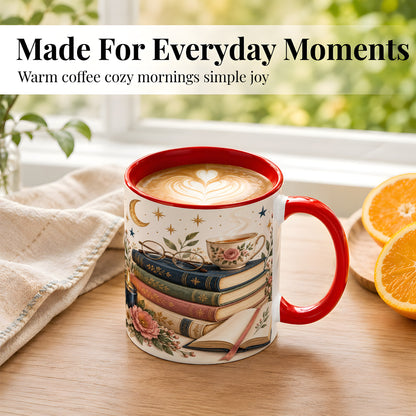 #pl[11oz|Red] Vintage Book Lover Coffee Mug, Botanical Reading Mug, Ceramic Cup