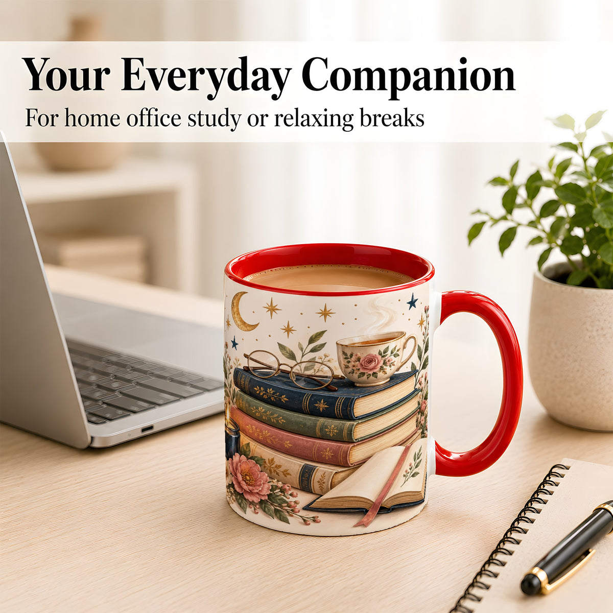 #pl[11oz|Red] Vintage Book Lover Coffee Mug, Botanical Reading Mug, Ceramic Cup