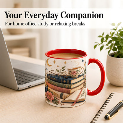 #pl[11oz|Red] Vintage Book Lover Coffee Mug, Botanical Reading Mug, Ceramic Cup