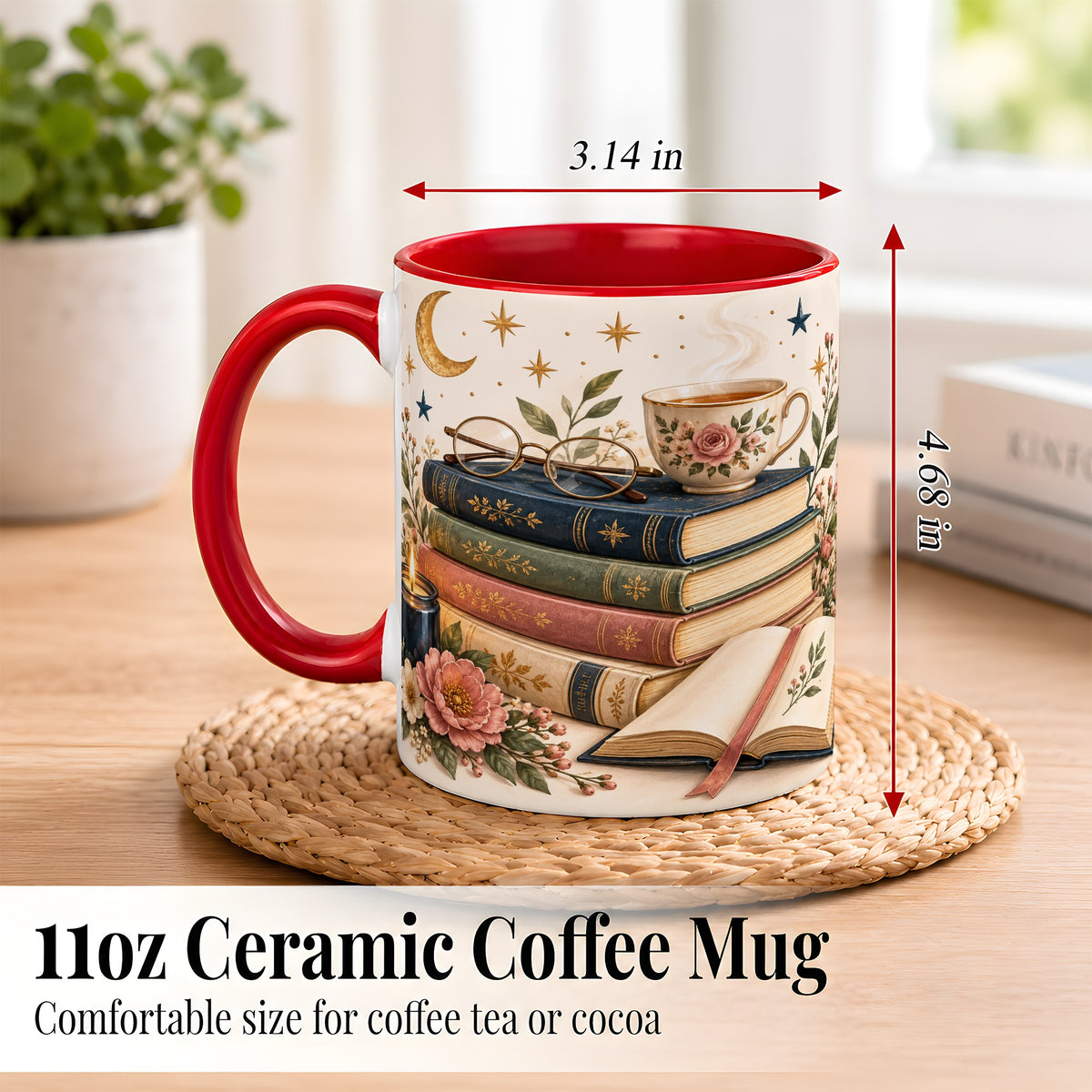 #pl[11oz|Red] Vintage Book Lover Coffee Mug, Botanical Reading Mug, Ceramic Cup