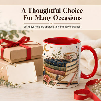 #pl[11oz|Red] Vintage Book Lover Coffee Mug, Botanical Reading Mug, Ceramic Cup