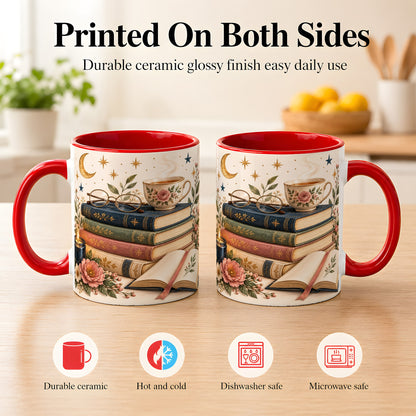 #pl[11oz|Red] Vintage Book Lover Coffee Mug, Botanical Reading Mug, Ceramic Cup