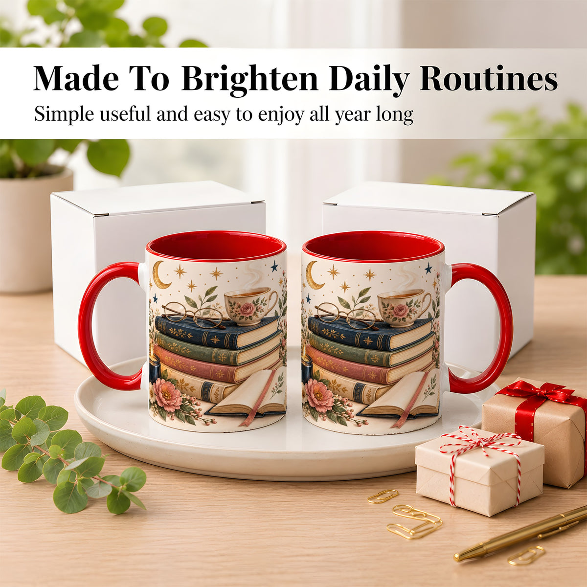 #pl[11oz|Red] Vintage Book Lover Coffee Mug, Botanical Reading Mug, Ceramic Cup
