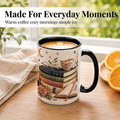 #pl[15oz|Black] Vintage Book Lover Coffee Mug, Botanical Reading Mug, Ceramic Cup
