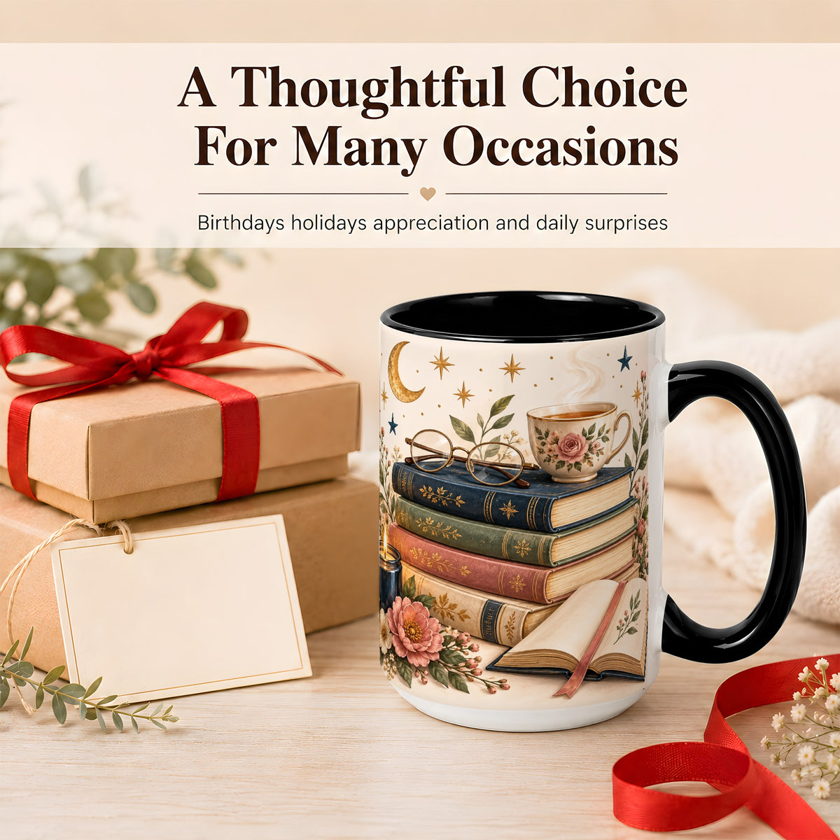 #pl[15oz|Black] Vintage Book Lover Coffee Mug, Botanical Reading Mug, Ceramic Cup
