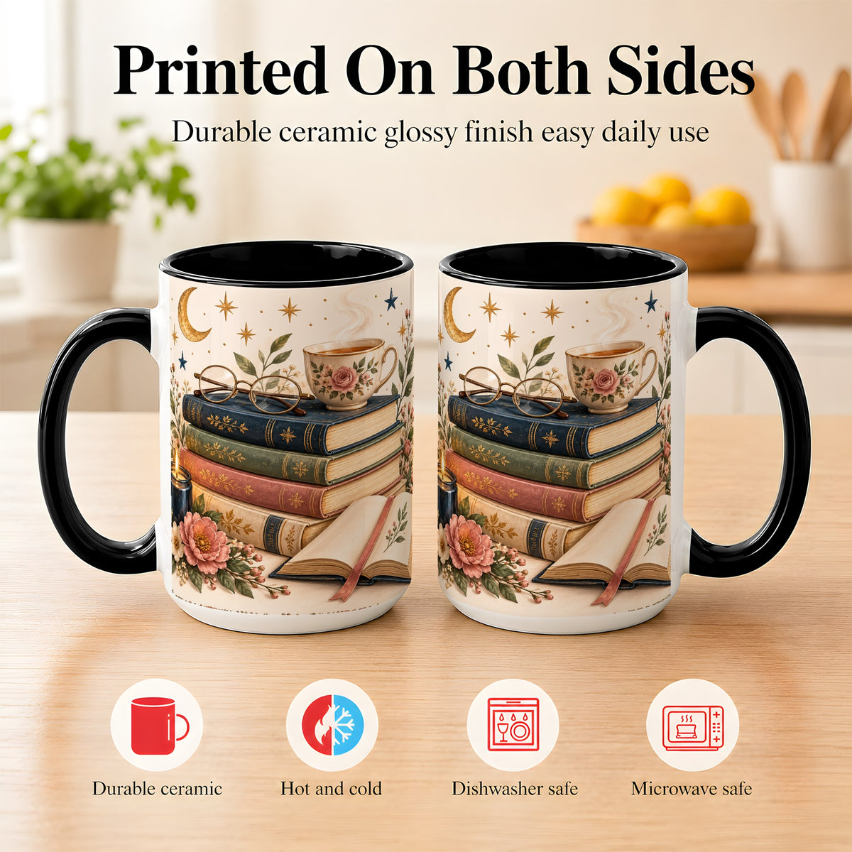 #pl[15oz|Black] Vintage Book Lover Coffee Mug, Botanical Reading Mug, Ceramic Cup