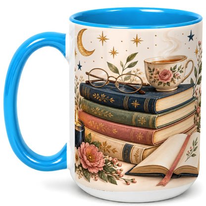 #pl[15oz|Blue] Vintage Book Lover Coffee Mug, Botanical Reading Mug, Ceramic Cup