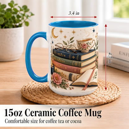 #pl[15oz|Blue] Vintage Book Lover Coffee Mug, Botanical Reading Mug, Ceramic Cup