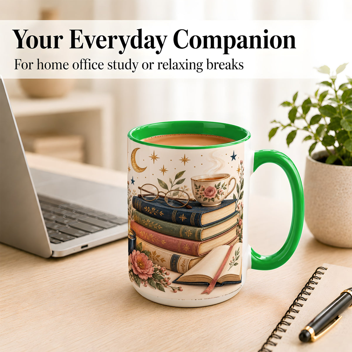 #pl[15oz|Green] Vintage Book Lover Coffee Mug, Botanical Reading Mug, Ceramic Cup