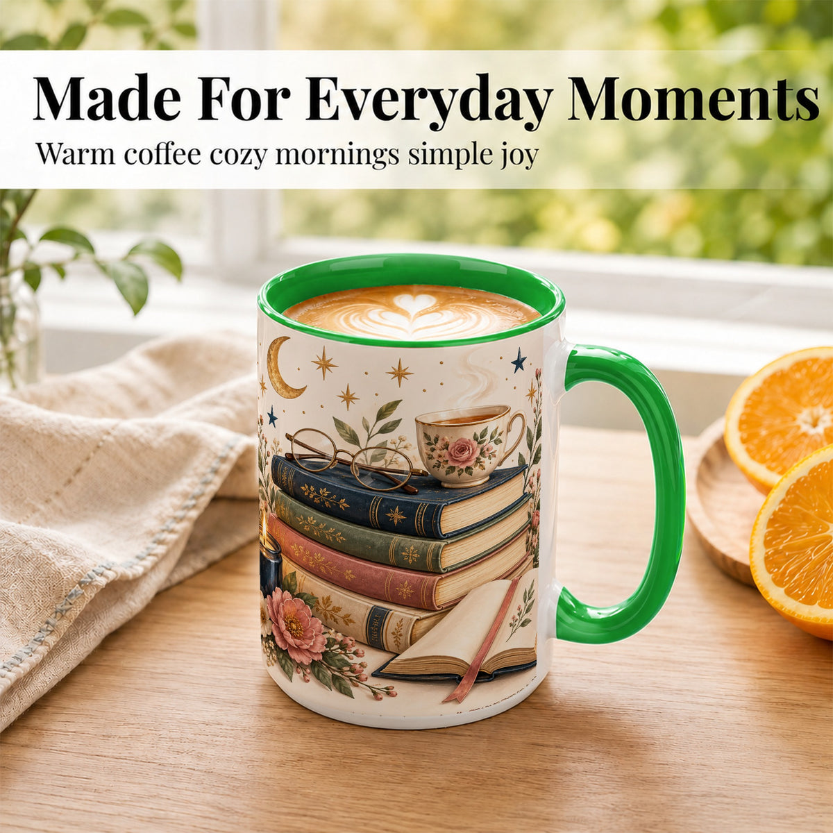 #pl[15oz|Green] Vintage Book Lover Coffee Mug, Botanical Reading Mug, Ceramic Cup