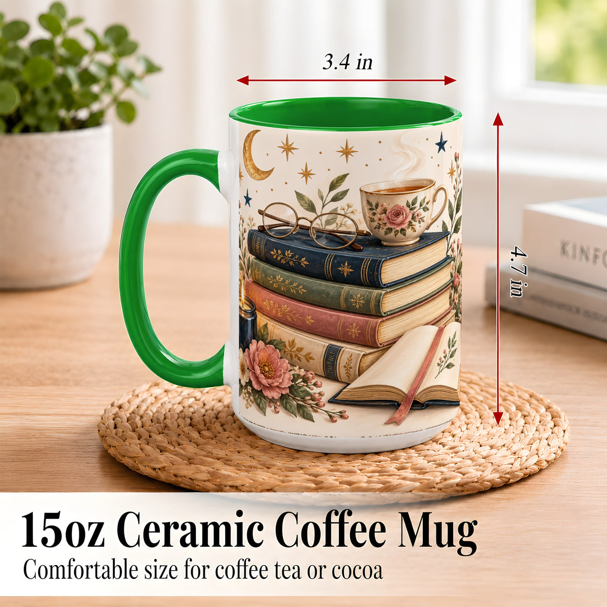 #pl[15oz|Green] Vintage Book Lover Coffee Mug, Botanical Reading Mug, Ceramic Cup