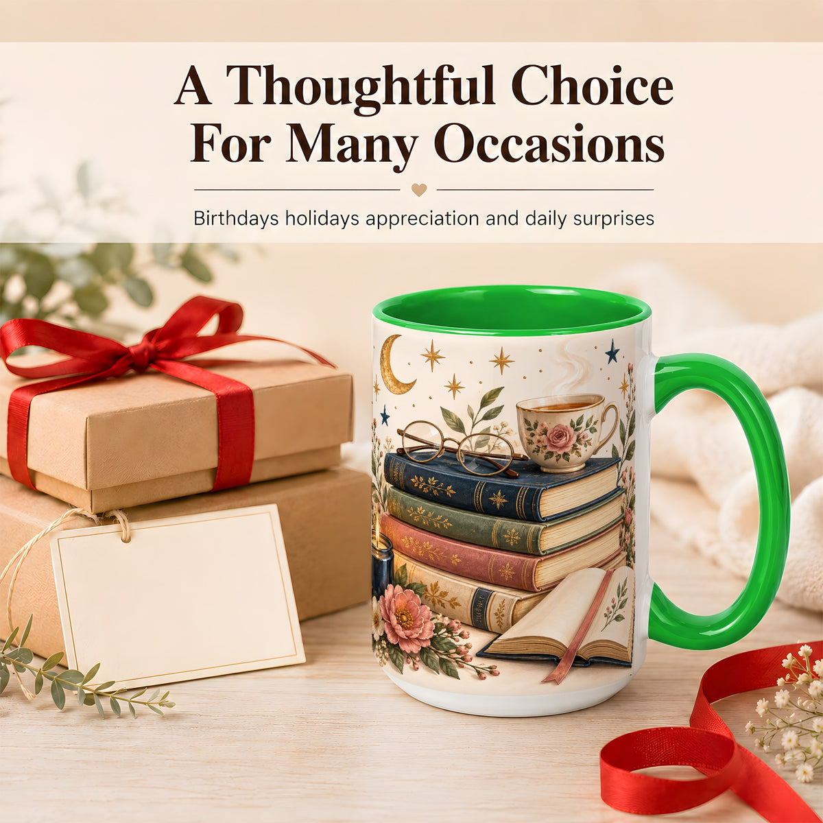 #pl[15oz|Green] Vintage Book Lover Coffee Mug, Botanical Reading Mug, Ceramic Cup