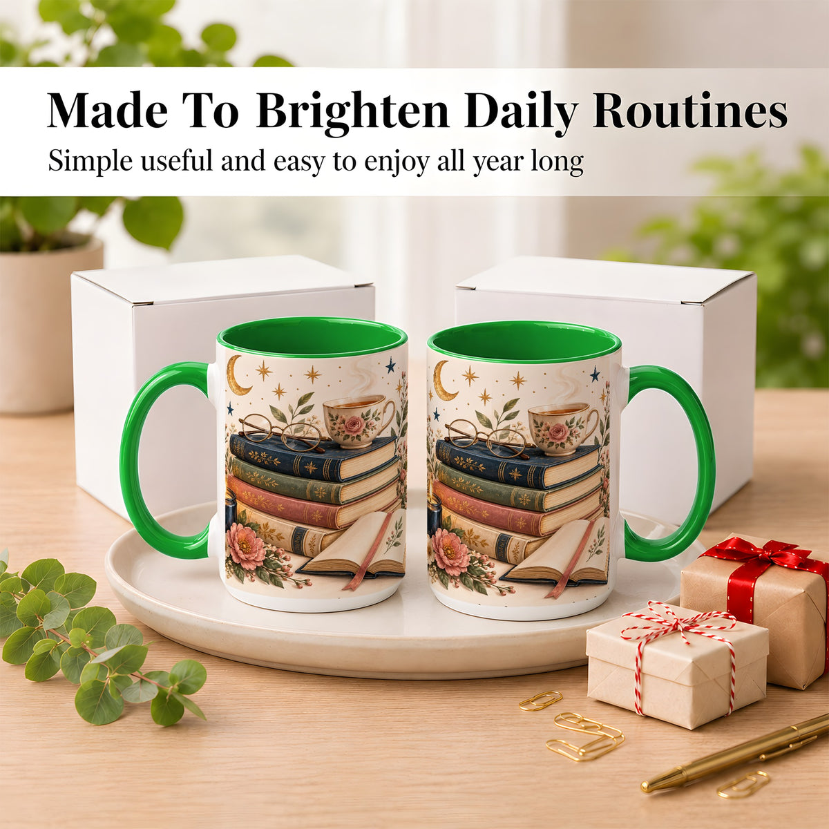 #pl[15oz|Green] Vintage Book Lover Coffee Mug, Botanical Reading Mug, Ceramic Cup