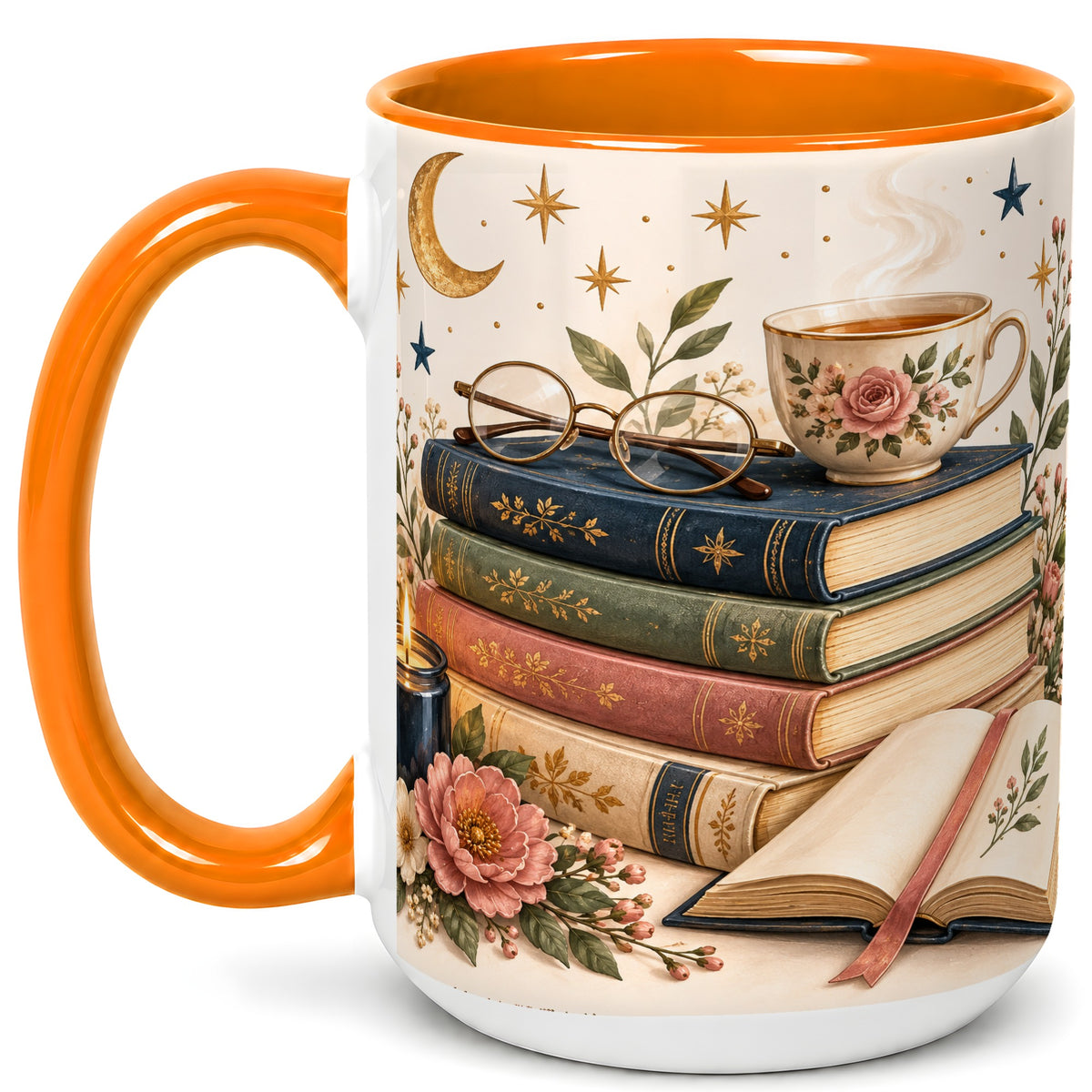 #pl[15oz|Orange] Vintage Book Lover Coffee Mug, Botanical Reading Mug, Ceramic Cup