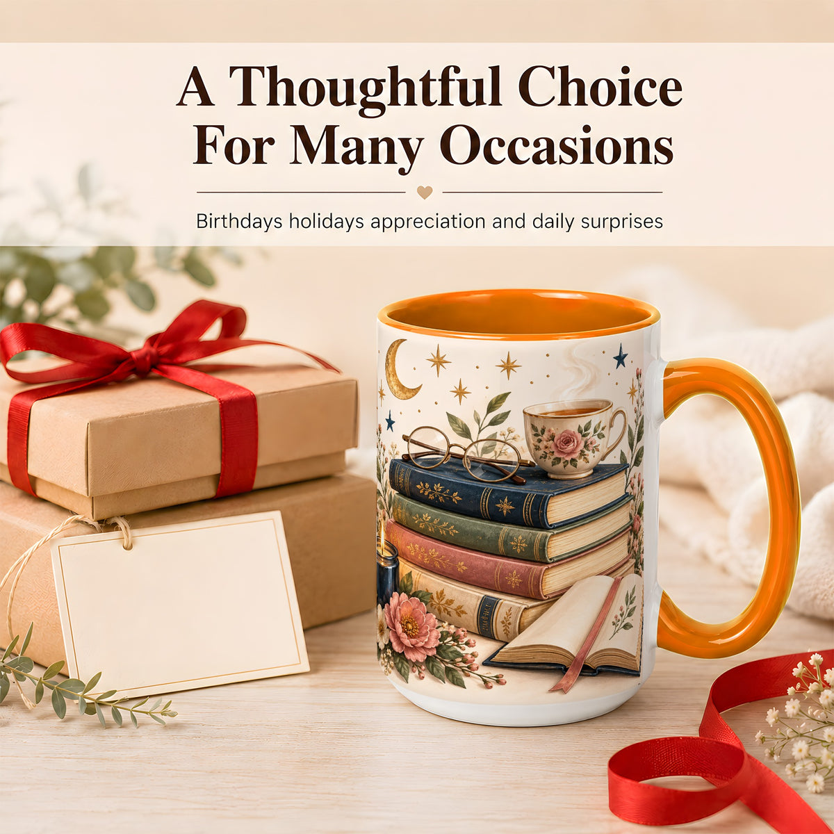 #pl[15oz|Orange] Vintage Book Lover Coffee Mug, Botanical Reading Mug, Ceramic Cup