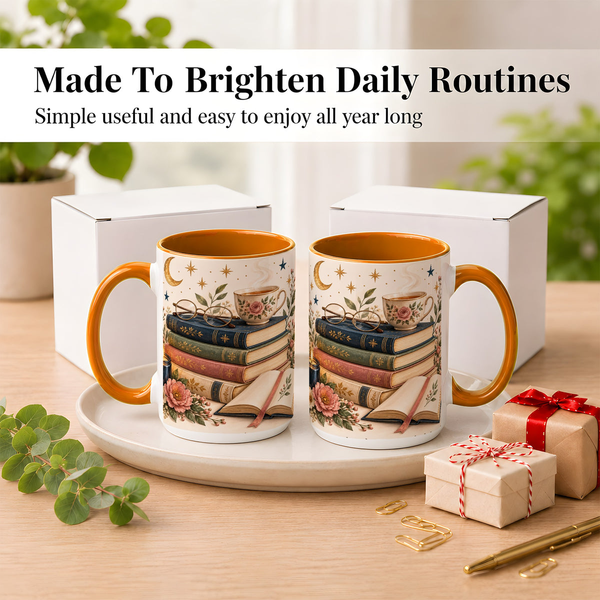 #pl[15oz|Orange] Vintage Book Lover Coffee Mug, Botanical Reading Mug, Ceramic Cup