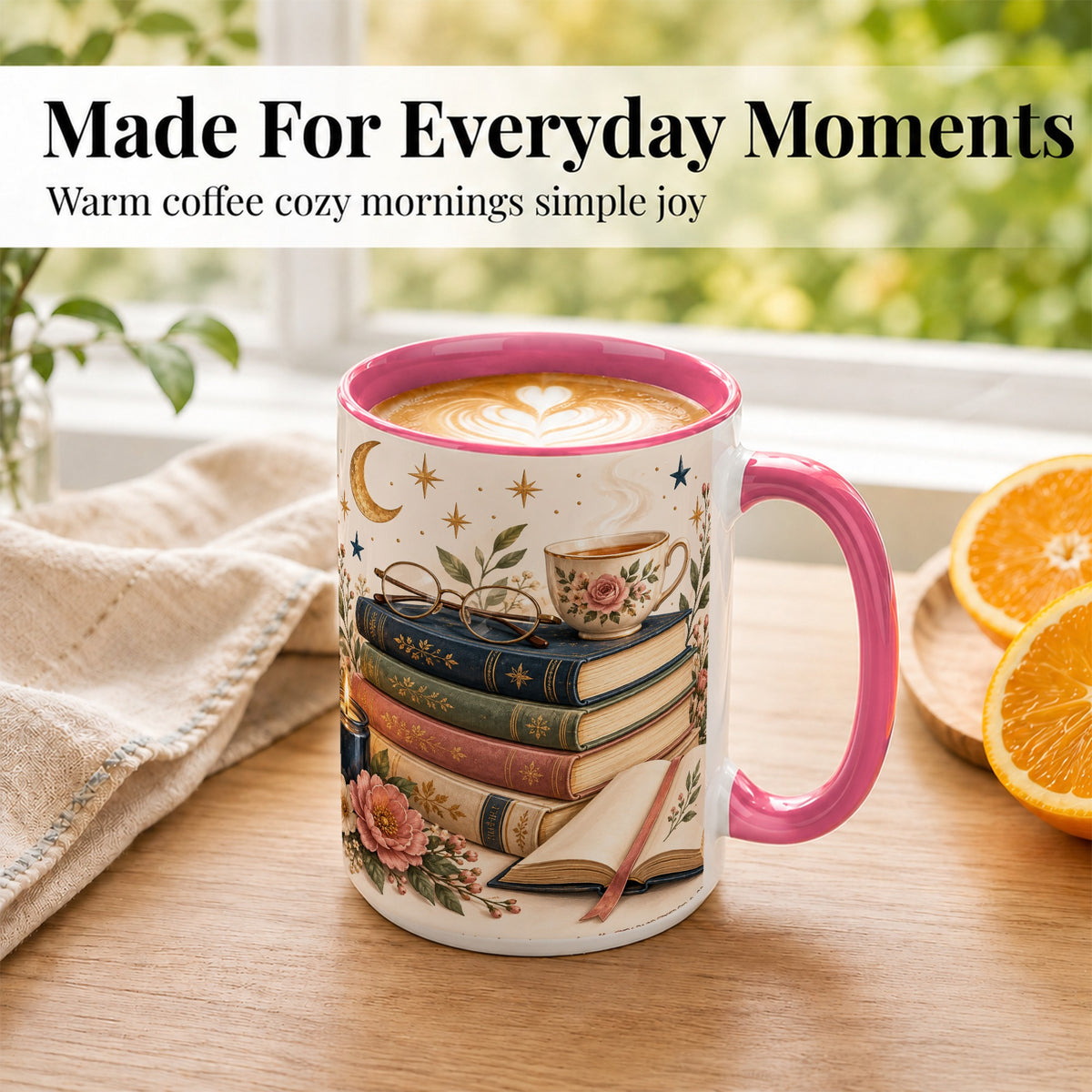 #pl[15oz|Pink] Vintage Book Lover Coffee Mug, Botanical Reading Mug, Ceramic Cup