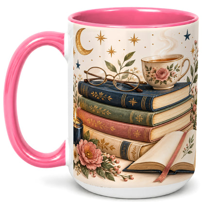 #pl[15oz|Pink] Vintage Book Lover Coffee Mug, Botanical Reading Mug, Ceramic Cup