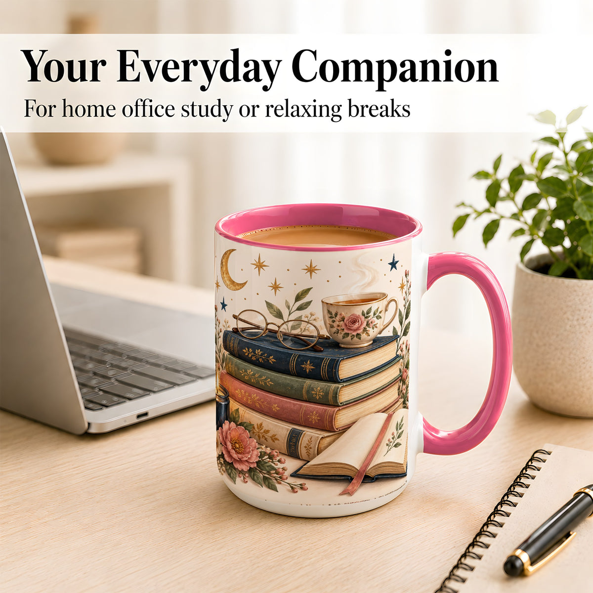#pl[15oz|Pink] Vintage Book Lover Coffee Mug, Botanical Reading Mug, Ceramic Cup