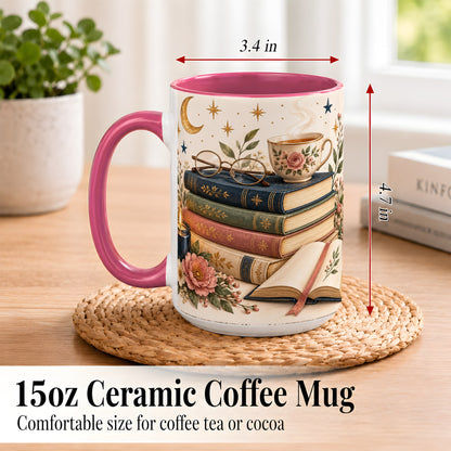 #pl[15oz|Pink] Vintage Book Lover Coffee Mug, Botanical Reading Mug, Ceramic Cup