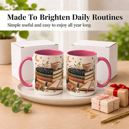 #pl[15oz|Pink] Vintage Book Lover Coffee Mug, Botanical Reading Mug, Ceramic Cup