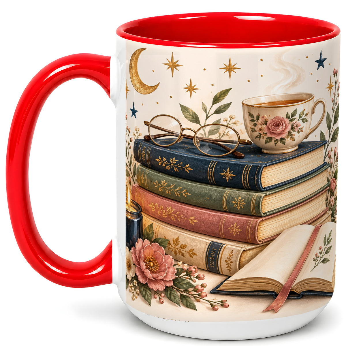 #pl[15oz|Red] Vintage Book Lover Coffee Mug, Botanical Reading Mug, Ceramic Cup