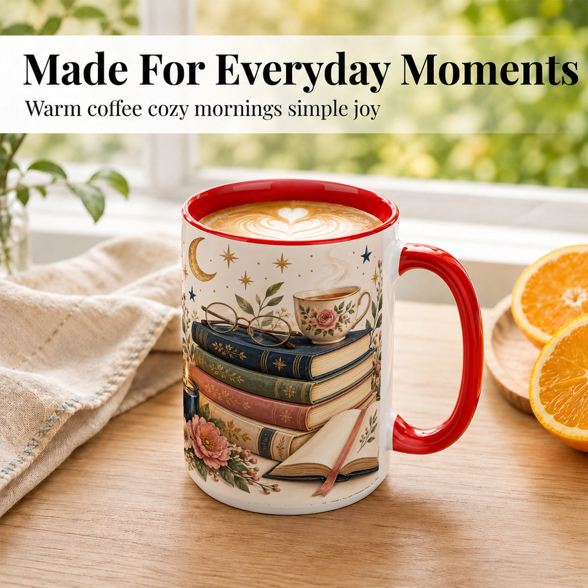 #pl[15oz|Red] Vintage Book Lover Coffee Mug, Botanical Reading Mug, Ceramic Cup