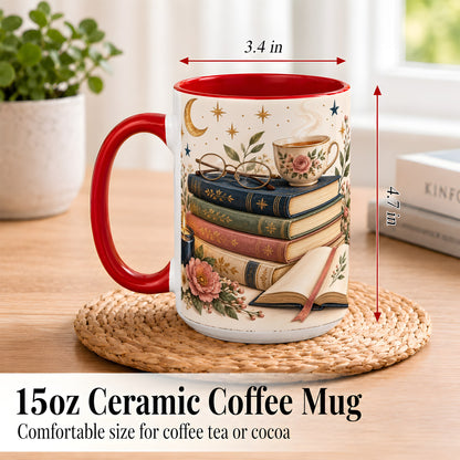 #pl[15oz|Red] Vintage Book Lover Coffee Mug, Botanical Reading Mug, Ceramic Cup