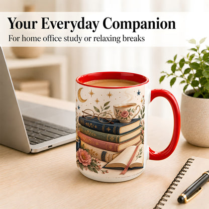 #pl[15oz|Red] Vintage Book Lover Coffee Mug, Botanical Reading Mug, Ceramic Cup