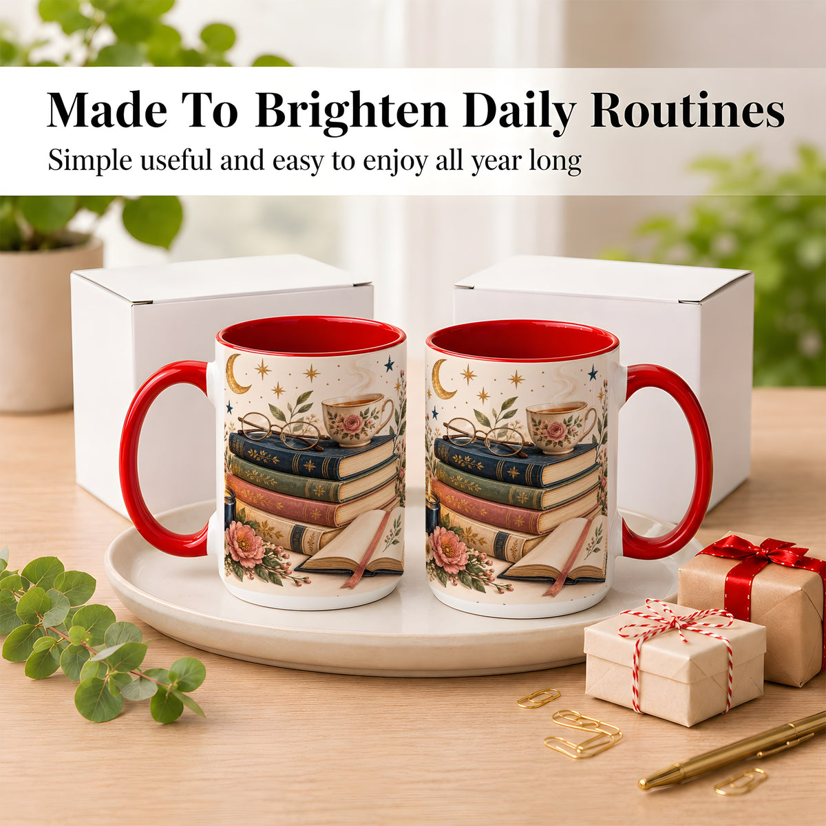 #pl[15oz|Red] Vintage Book Lover Coffee Mug, Botanical Reading Mug, Ceramic Cup