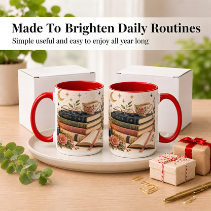 #pl[15oz|Red] Vintage Book Lover Coffee Mug, Botanical Reading Mug, Ceramic Cup