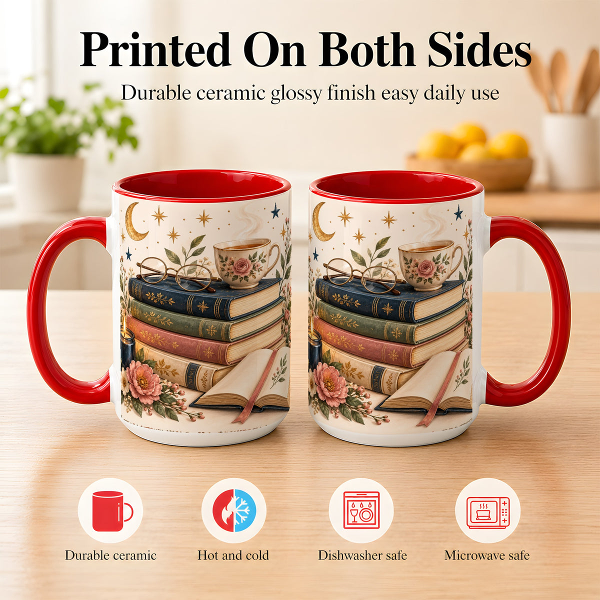 #pl[15oz|Red] Vintage Book Lover Coffee Mug, Botanical Reading Mug, Ceramic Cup