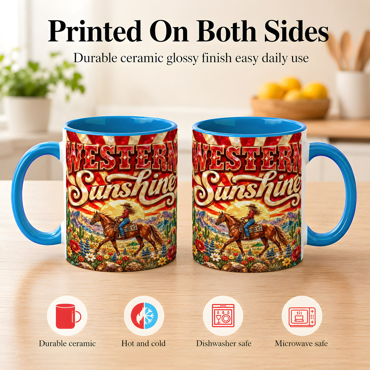 #pl[11oz|Blue] Cowgirl Desert Coffee Mug, Western Horse Mug, Ceramic Cup