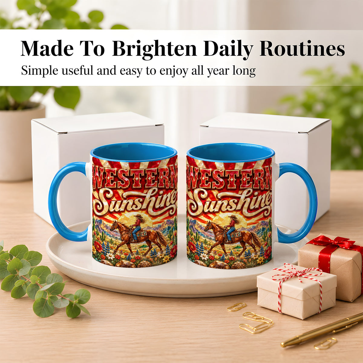 #pl[11oz|Blue] Cowgirl Desert Coffee Mug, Western Horse Mug, Ceramic Cup