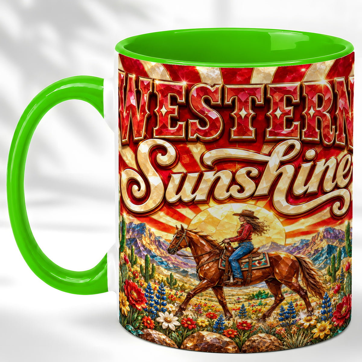 #pl[11oz|Green] Cowgirl Desert Coffee Mug, Western Horse Mug, Ceramic Cup