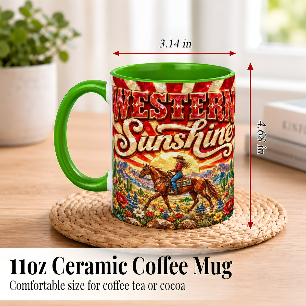 #pl[11oz|Green] Cowgirl Desert Coffee Mug, Western Horse Mug, Ceramic Cup