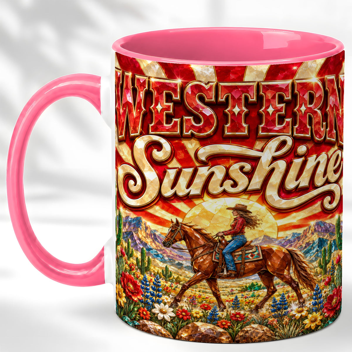 #pl[11oz|Pink] Cowgirl Desert Coffee Mug, Western Horse Mug, Ceramic Cup
