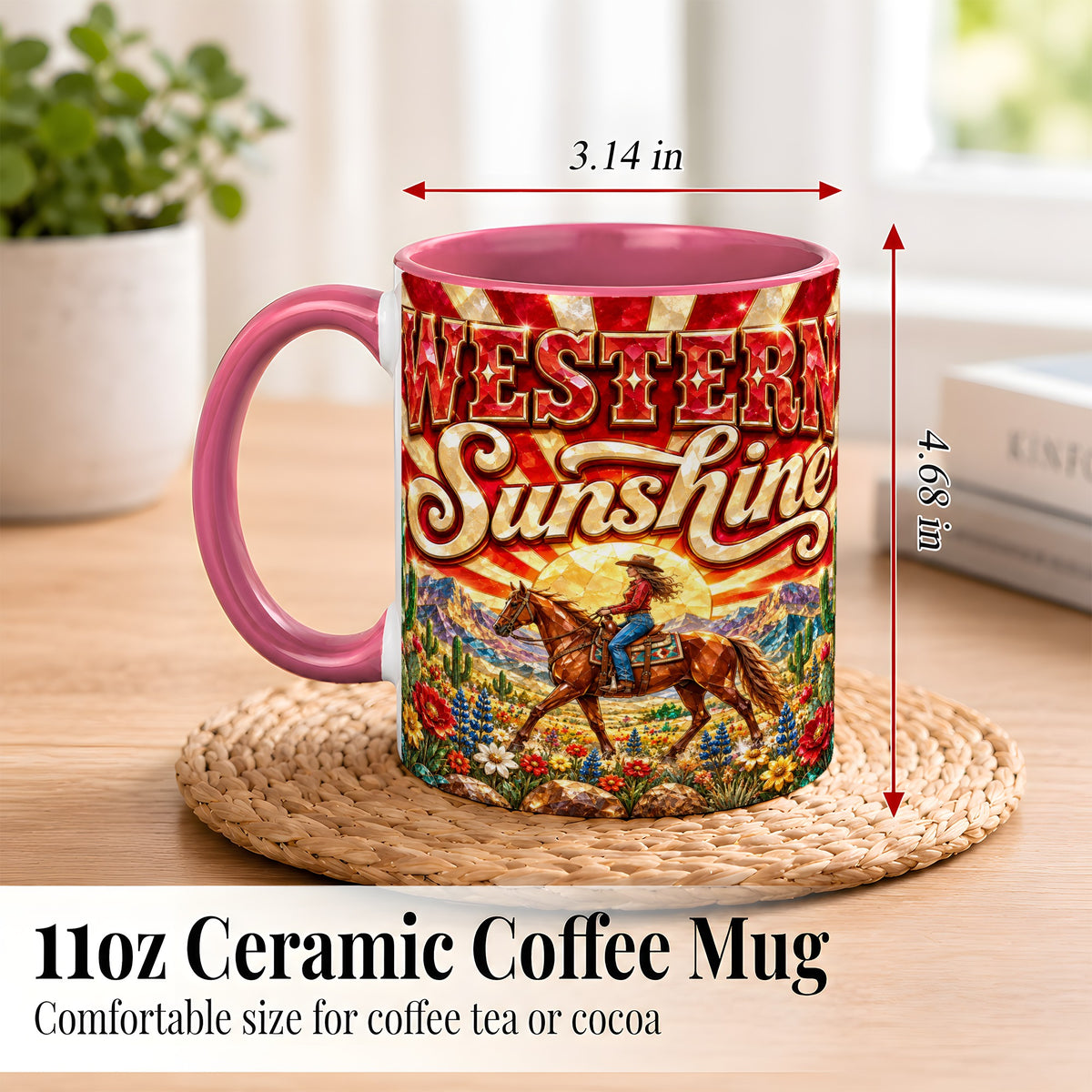 #pl[11oz|Pink] Cowgirl Desert Coffee Mug, Western Horse Mug, Ceramic Cup