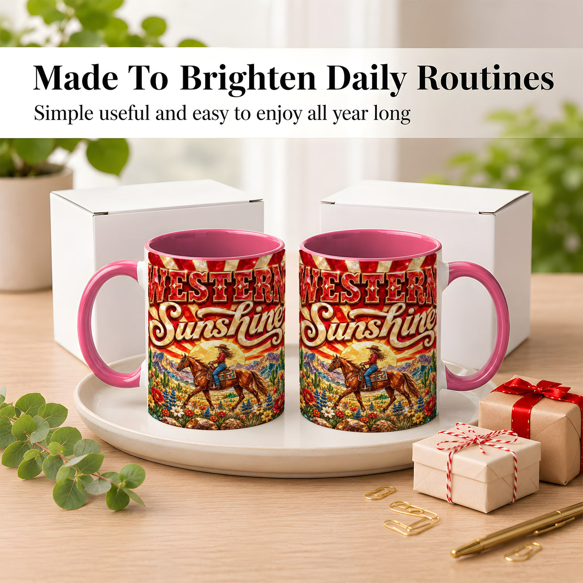 #pl[11oz|Pink] Cowgirl Desert Coffee Mug, Western Horse Mug, Ceramic Cup