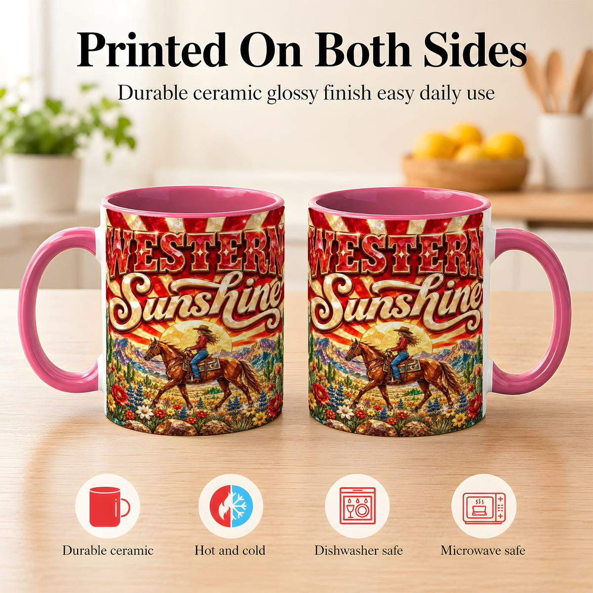 #pl[11oz|Pink] Cowgirl Desert Coffee Mug, Western Horse Mug, Ceramic Cup
