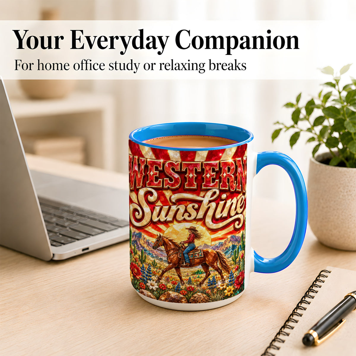 #pl[15oz|Blue] Cowgirl Desert Coffee Mug, Western Horse Mug, Ceramic Cup
