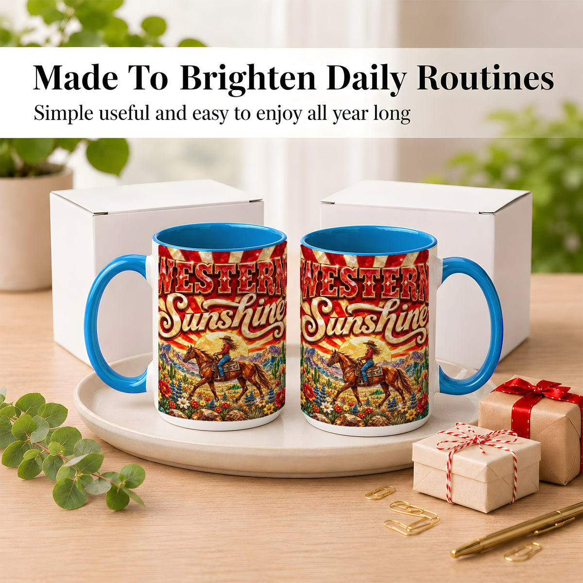 #pl[15oz|Blue] Cowgirl Desert Coffee Mug, Western Horse Mug, Ceramic Cup